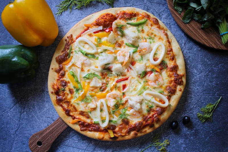 Seafood pizza specialty from pizza luce Minneapolis